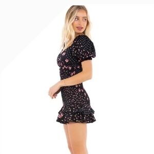Revolve Love & Lemons Black Floral Polka Dot Smocked Puff Sleeve Mini Dress L